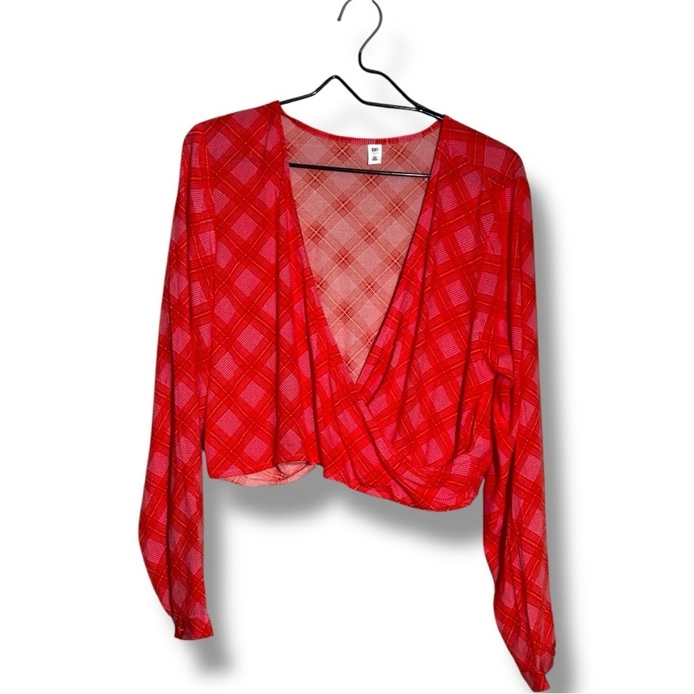 BP Vibrant Coral/Pink/Orange Plaid Long Sleeve V Neck Cropped Wrap Blouse - Picture 16 of 16